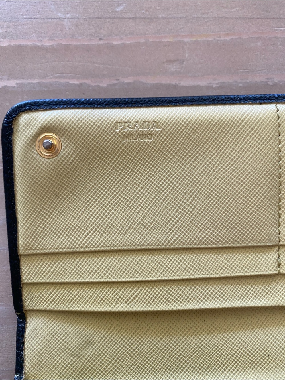 Prada Large Saffiano Leather Wallet Black Flap Wallet Gold Logo Luxury Sleek - Picture 8 of 13